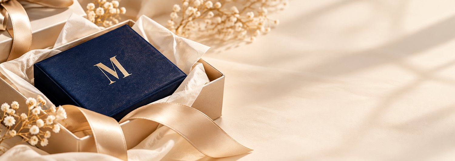Mega Jewels navy gift box with gold M monogram